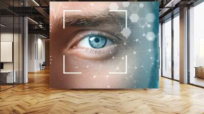 Young man with iris scanning, closeup Wall mural