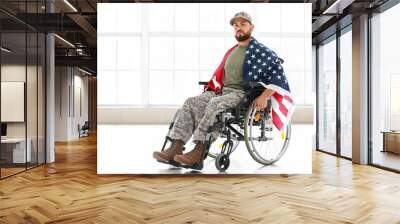 Young soldier in wheelchair with USA flag at home Wall mural