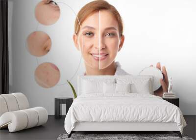 Young woman before and after facial treatment procedure with healthy cosmetic cream on white background Wall mural