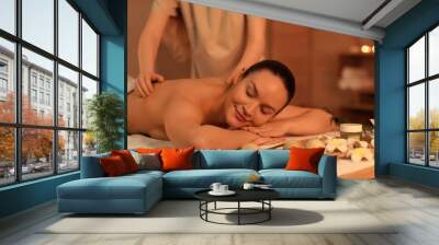 Young woman getting back massage in spa salon Wall mural