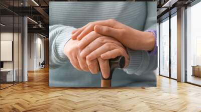 Young woman holding hands of grandmother at home, closeup Wall mural