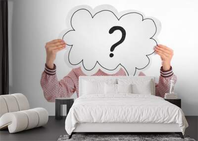 Young woman holding speech bubble with question mark on white background Wall mural