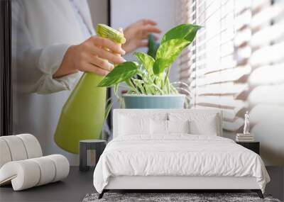 Young woman watering plant on windowsill at home, closeup Wall mural