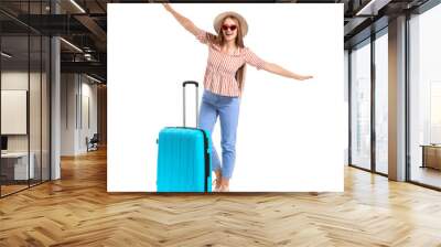 Young woman with suitcase on white background. Travel concept Wall mural