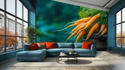 Fresh Carrots with Green Tops on Rustic Wooden Surface Wall mural