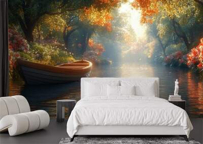 Serene Rowboat on a Misty Canal Wall mural