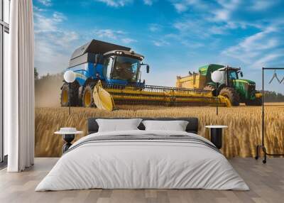 Two Combine Harvesters Harvesting Wheat Field Wall mural