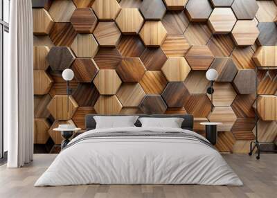 Abstract luxurious geometric hexagon wood background banner 3d texture background - Brown rustic rough wooden hexagonal shape decor wall panele wallpaper, seamless pattern Wall mural