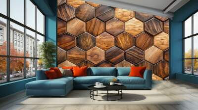 Abstract luxurious geometric hexagon wood background banner 3d texture background - Brown rustic rough wooden hexagonal shape decor wall panele wallpaper, seamless pattern Wall mural