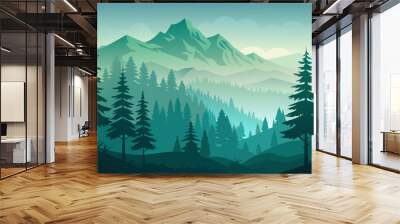 Forest background, nature, landscape. Pine, spruce, christmas tree. Fog evergreen coniferous trees. Silhouette vector Wall mural