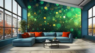 Party background banner panorama illustration - Abstract gold firework fireworks on dark green texture with bokeh lights Wall mural