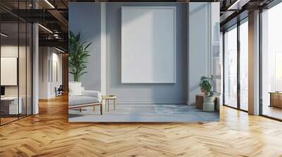 3D Rendering of a Blank Poster Mockup in a Stylish Living Room Overlooking the City Wall mural