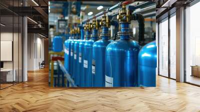 Factory Setting: Oxygen Cylinder with Compressed Gas – Blue Oxygen Tanks for Industry and Liquefied Oxygen Production Wall mural