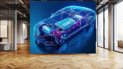 Illustration of an Electric Car Lithium Battery Pack with Power Connections: Core of Modern Automotive Technology in Vibrant Blue Tone Wall mural