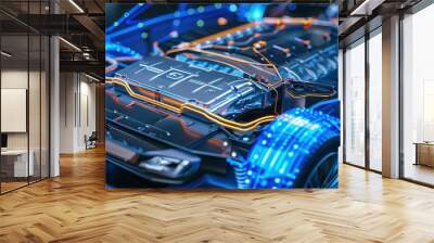 Illustration of an Electric Car Lithium Battery Pack with Power Connections: Core of Modern Automotive Technology in Vibrant Blue Tone Wall mural