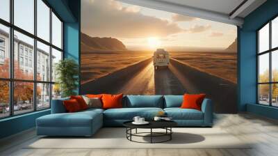 Mountainous Nature Landscape: Tourists in Rental Camper Van on Road Trip in Iceland at Sunset Wall mural