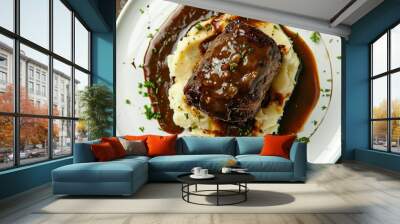 Roast Beef with Demi Glace Gravy and Mashed Potatoes: A Top View on a White Plate Wall mural