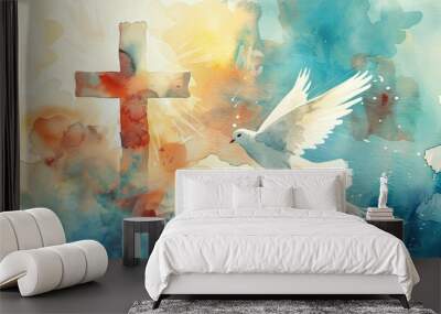 Watercolor Depiction for Whit Monday: A White Dove Flying Near a Glowing White Cross Amidst the Clouds Wall mural