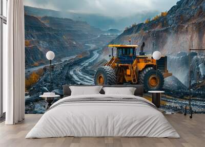 yellow grader digging the earth on a construction site at a diamond mine Wall mural