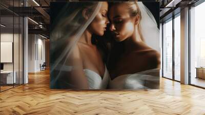 Two brides in a wedding dress. Lesbian couple wedding - generative AI Wall mural