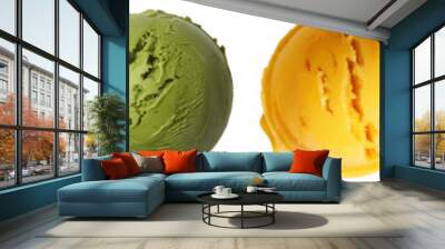 matcha, pistachio and mango flavor ice cream scoops, isolated png, transparent cutout top view
 Wall mural