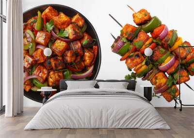 Set of Paneer Tikka at skewers in a black bowl, isolated top view on transparent background. Paneer tikka is an indian cuisine dish with grilled paneer cheese with vegetables and spices. Wall mural