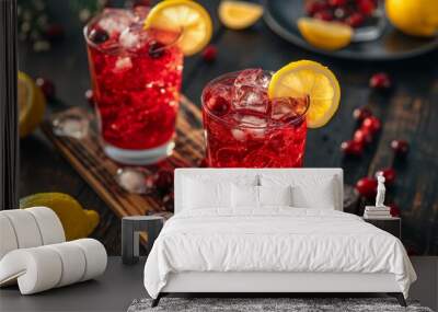 Two glasses of cranberry lemonade with ice cubes and garnished with fresh lemon slices, surrounded by sliced lemons and halved berries on a black wooden surface Wall mural