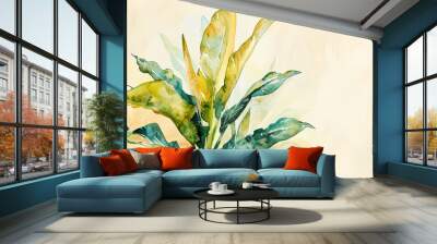 Watercolor Painting tropical ti plant in wet-on-wet style, smooth color blending, light beige background Wall mural