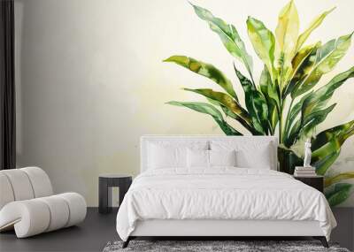 Watercolor Painting tropical ti plant in wet-on-wet style, vibrant blending, light beige background Wall mural