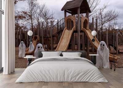 A group of ghosts playing in a haunted playground. Cemetery at night Wall mural