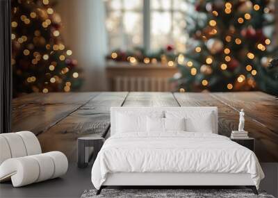 Cozy holiday setting with beautifully decorated Christmas trees and warm wooden table in soft evening light Wall mural