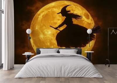 Halloween. Witch flying on a broomstick across a full moon Wall mural