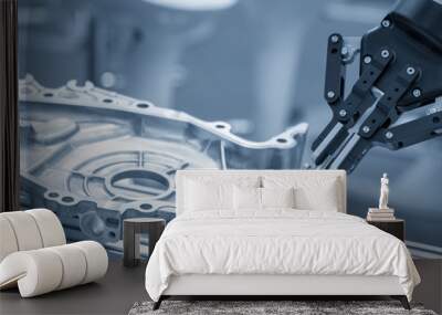 The robot for manufacturing  the aluminum automotive part .The automotive part quality control concept. Wall mural