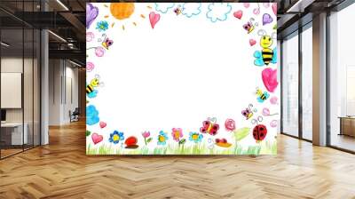 meadow frame child drawings background isolated on white Wall mural