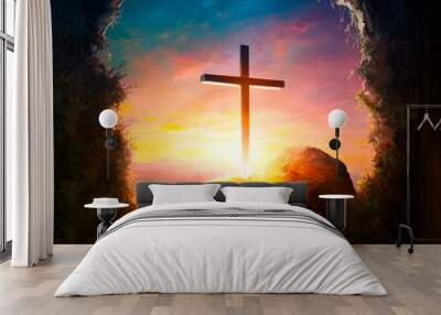 Banner of Resurrection of Jesus Christ  cross at sunset concept, tomb Empty. Born to Die, Born to Rise. Wall mural