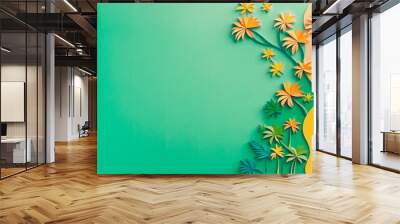 Flat lay background concept with colorful palm trees on green summer vacation background with top view and copy space, top view. creative minimal banner on green flat paper palm tree background Wall mural