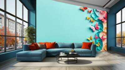 flat lay background concept with paper butterflies and summer vacation flowers with top view and copy space, top view. creative minimal banner on flat colorful spring theme background Wall mural