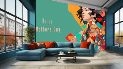 Illustration of happy mothers day banner design greeting card with present mother design with abstract shapes and hearts on flat lay background with Happy Mothers Day text. Copy space Wall mural