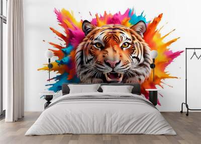 Multicolor powder paint explosion splashing on a tiger isolated on transparent background with splash. Dust explosion in the shape of a tiger. holi paint Colorful powder paint explosion concept  Wall mural