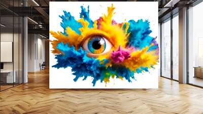 Multicolored eye with Holi paint explosion with bright colors isolated on transparent background. Wall mural