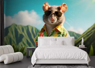 rat posing dressed in a flower shirt in spring summer to celebrate the holidays. Rat looking cute in a flower shirt with a nature and blue sky background. Holiday friendly animals concept Wall mural