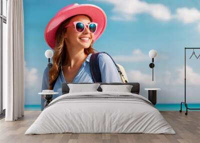 summer vacation traveler woman smiling relaxed looking at the beach with backpack, sunglasses and pink beach hat with a blue sky background with copy space. Summer vacation concept. Wall mural