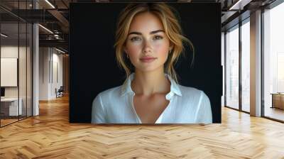 Portrait of a Beautiful Young Woman with Blonde Hair and a White Shirt Wall mural