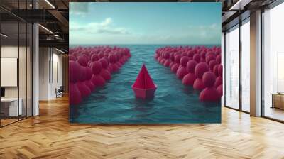 Red Paper Boat Sailing Through a Sea of People Wall mural