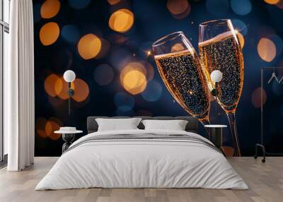 Two champagne flutes clink with bokeh lights, creating a festive vibe. Wall mural