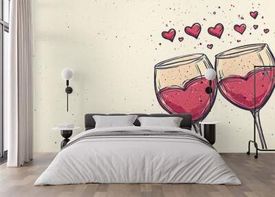 Two tilted wine glasses with heart-shaped red wine and floating red hearts on off-white background. Wall mural