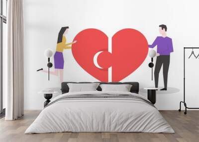 Man and woman connect the two halves of the heart. Man and woman love each other vector illustration. Wall mural