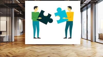 Two people connecting puzzle elements on whote background Wall mural