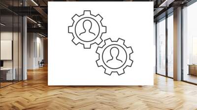 Two workers cooperation linear icon on white background. Men avatar inside gear vector illustration. Editable stroke Wall mural