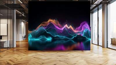  3d render. Abstract futuristic background with blurry glowing waves and neon lines. Shiny smoke. Glitter fluid. Ink water Wall mural